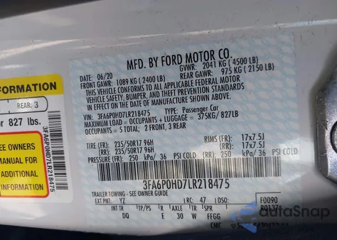 2020 Ford Fusion Se z USA, uszkodzony, nr VIN 3FA6P0HD7LR218475